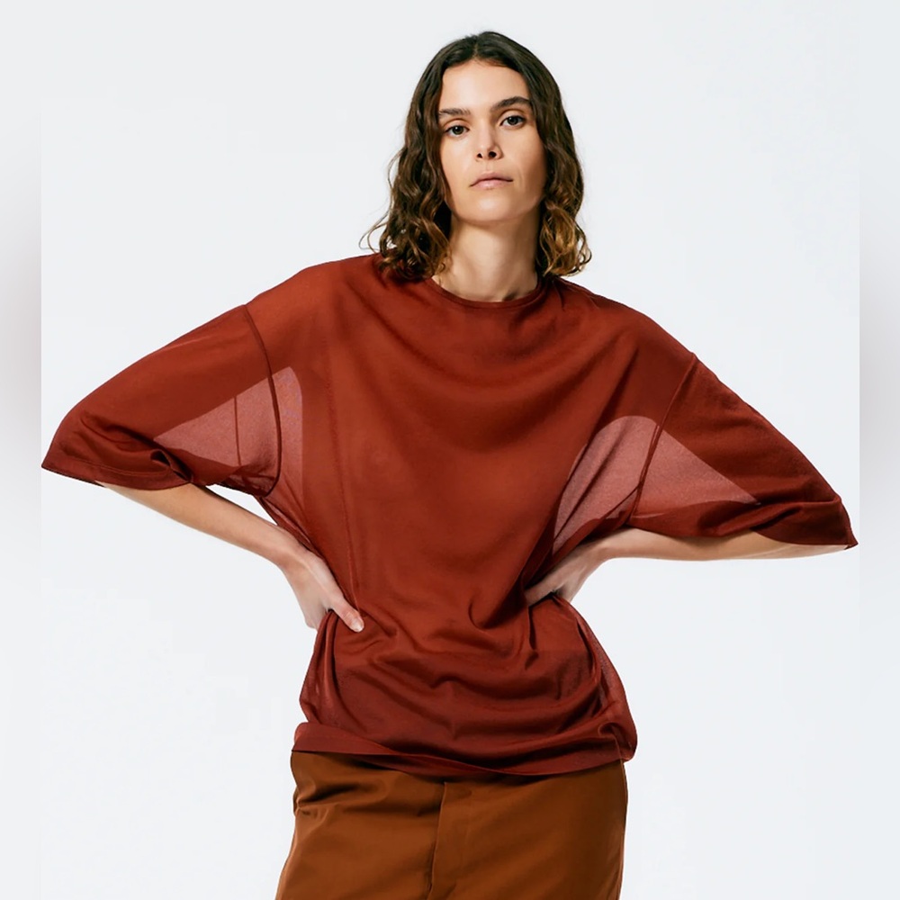 Tibi Sheer Gauze Easy T-shirt. Size XS in Driftwood (brick red color)
